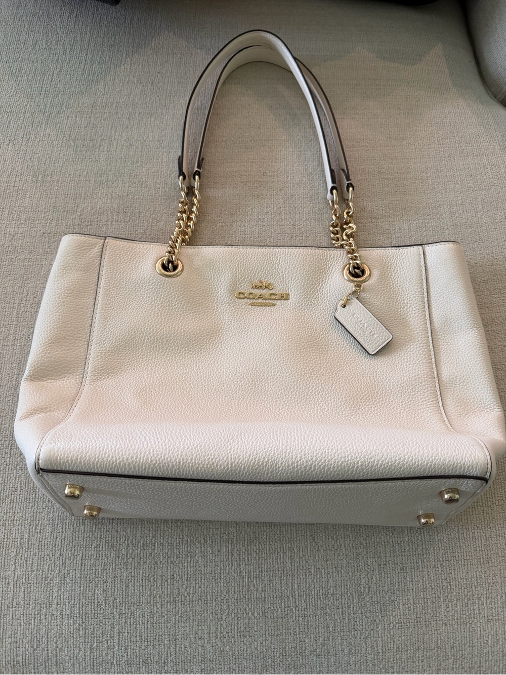 Coach Cream Pebbled Leather Tote with Gold Chain Straps